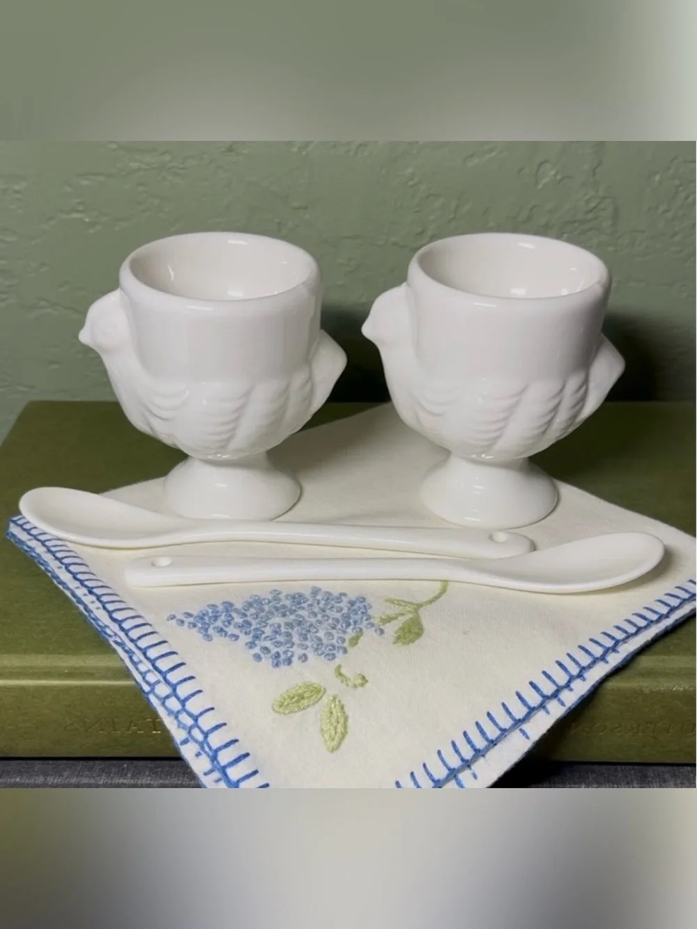 White Ceramic Egg Cups with Spoons